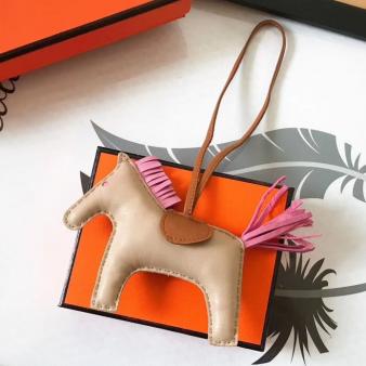 Beige/Camel/Pink Leather Hermes Rodeo Horse Bag Charm