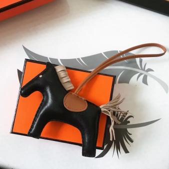 Black/Camel/Grey Leather Hermes Rodeo Horse Bag Charm