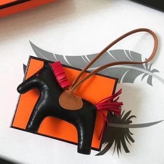 Black/Camel/Red Leather Hermes Rodeo Horse Bag Charm