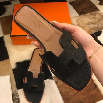 Black Clemence Leather Hermes Oran Slide Sandals