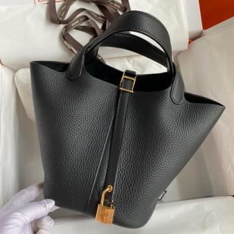 Black Clemence Leather Hermes Picotin Lock 18 Handmade Bag