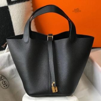 Black Clemence Leather Hermes Picotin Lock 22 Bag