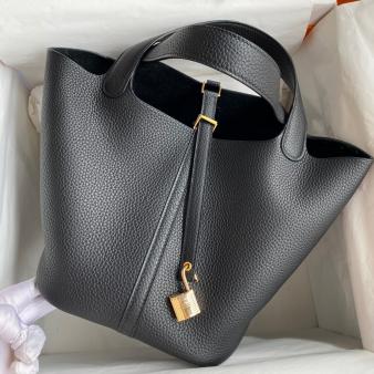 Black Clemence Leather Hermes Picotin Lock 22 Handmade Bag