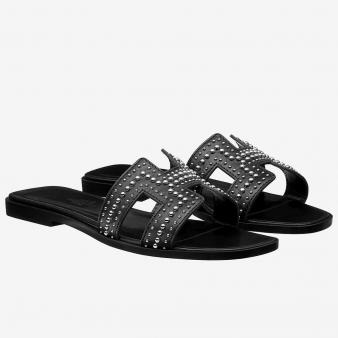 Black Leather Hermes Oran Studs Sandals