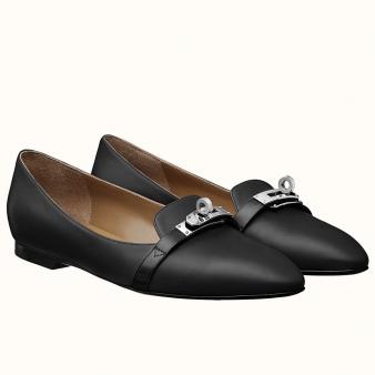 Black Leather Hermes Pegase Ballerina Flats