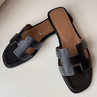 Black Swift Calfskin Hermes Oran Slide Sandals