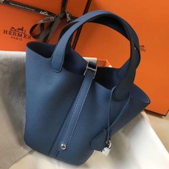 Blue Agate Clemence Leather Hermes Picotin Lock 18 Bag