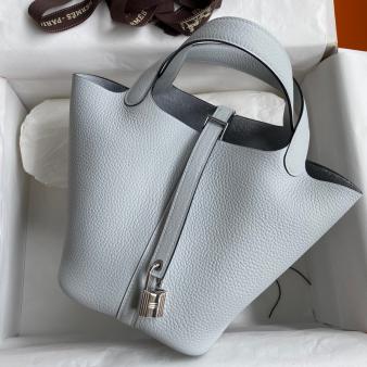 Blue Brume Clemence Leather Hermes Picotin Lock 18 Handmade Bag