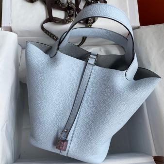 Blue Brume Clemence Leather Hermes Picotin Lock 22 Handmade Bag