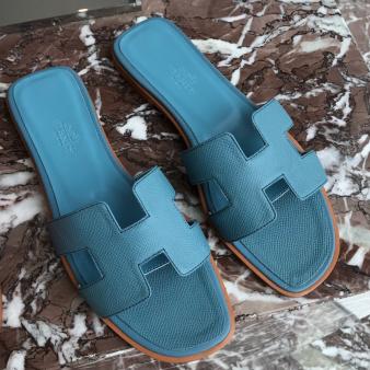 Blue du Nord Epsom Calfskin Hermes Oran Slide Sandals