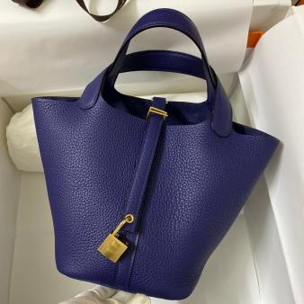 Blue Encre Clemence Leather Hermes Picotin Lock 18 Handmade Bag