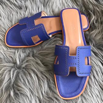 Blue Epsom Perforated Calfskin Hermes Oran Slide Sandals