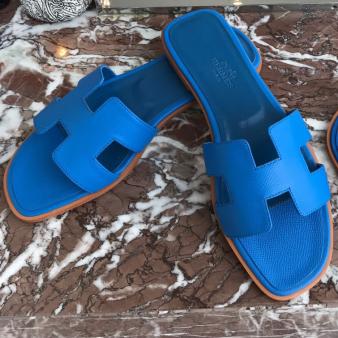 Blue Hydra Epsom Calfskin Hermes Oran Slide Sandals