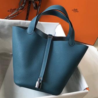 Blue Jean Clemence Leather Hermes Picotin Lock 18 Bag