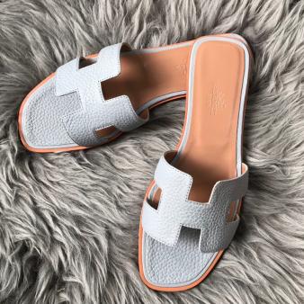 Blue Lin Clemence Leather Hermes Oran Slide Sandals