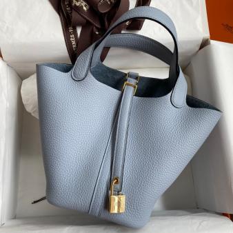 Blue Lin Clemence Leather Hermes Picotin Lock 18 Handmade Bag