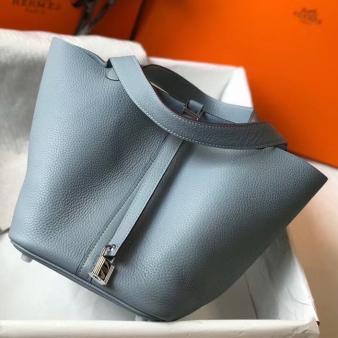 Blue Lin Clemence Leather Hermes Picotin Lock 22 Bag