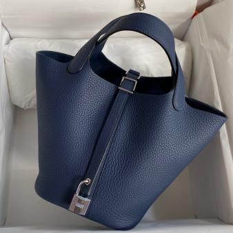 Blue Saphir Clemence Leather Hermes Picotin Lock 18 Handmade Bag