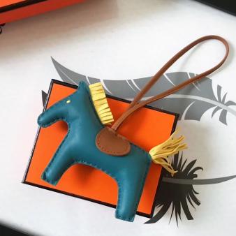 Cyan/Camel/Yellow Leather Hermes Rodeo Horse Bag Charm