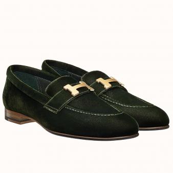 Dark Green Velvet Hermes Paris Loafers