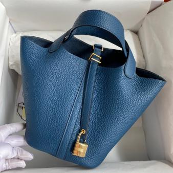 Deep Blue Clemence Leather Hermes Picotin Lock 18 Handmade Bag