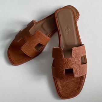 Gold Clemence Leather Hermes Oran Slide Sandals