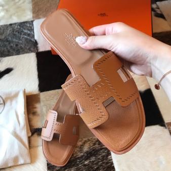 Gold Epsom Perforated Calfskin Hermes Oran Slide Sandals