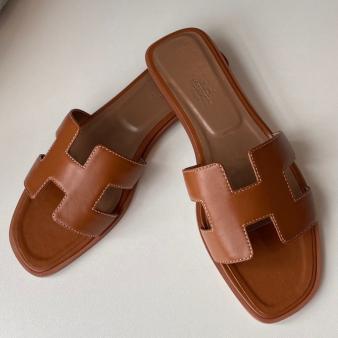 Gold Swift Calfskin Hermes Oran Slide Sandals