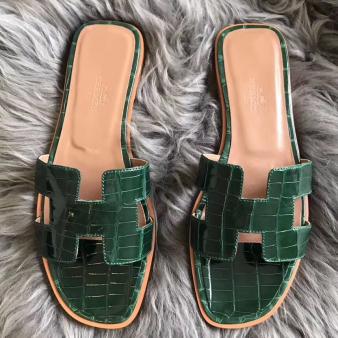 Green Shiny Niloticus Crocodile Hermes Oran Sandals