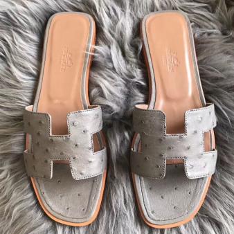 Grey Ostrich Leather Hermes Oran Sandals