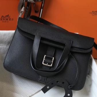 Hermes 31cm Halzan Bag In Clemence Black Leather