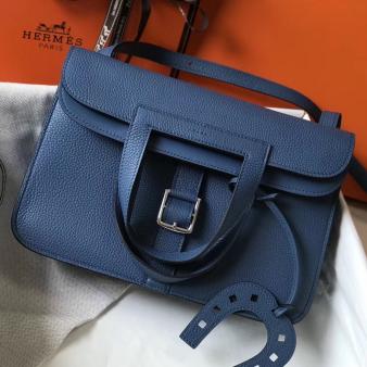 Hermes 31cm Halzan Bag In Clemence Blue Agate Leather