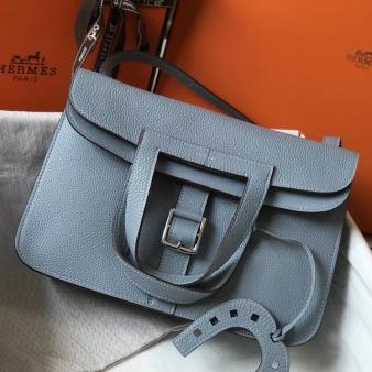 Hermes 31cm Halzan Bag In Clemence Blue Lin Leather