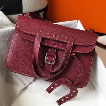 Hermes 31cm Halzan Bag In Clemence Bordeaux Leather