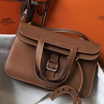 Hermes 31cm Halzan Bag In Clemence Gold Leather