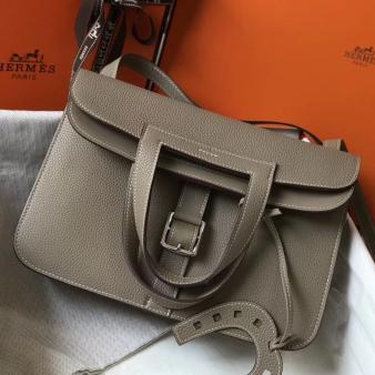 Hermes 31cm Halzan Bag In Clemence Grey Leather