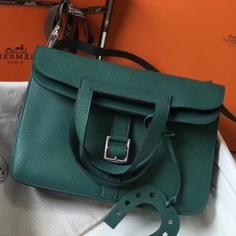 Hermes 31cm Halzan Bag In Clemence Malachite Leather