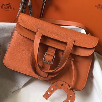 Hermes 31cm Halzan Bag In Clemence Orange Leather