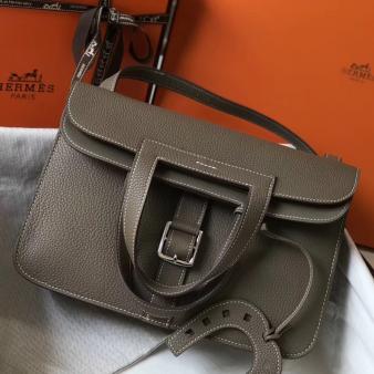 Hermes 31cm Halzan Bag In Clemence Taupe Leather