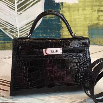 Hermes Alligator Crocodile Black Mini II Kelly Handmade Bag