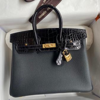 Hermes Birkin 25 Touch Bag in Black Togo and Shiny Alligator Leather