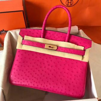 Hermes Birkin 30 Bag in Rose Red Ostrich Leather