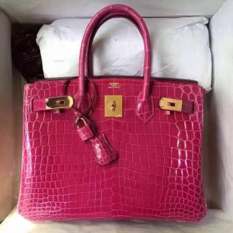 Hermes Birkin 30 Bag in Shiny Rose Red Crocodile Niloticus Leather