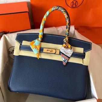 Hermes Birkin 30 Handmade Bag in Clemence Leather Navy Blue