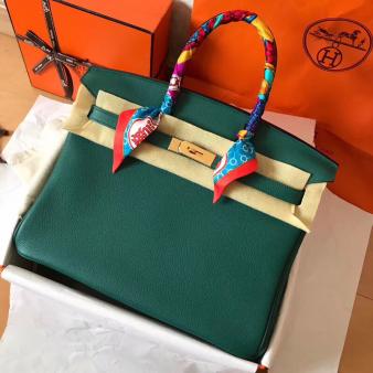 Hermes Birkin 35 Handmade Bag in Clemence Leather Malachite