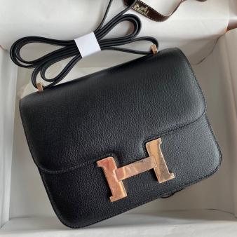 Hermes Black Chevre Mysore Leather Constance 18 Handmade Bag