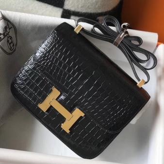 Hermes Black Embossed Crocodile Constance 18 Handmade Bag