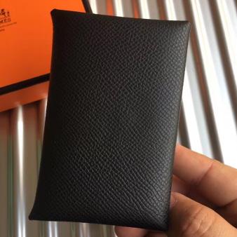 Hermes Black Epsom Leather Calvi Card Holder