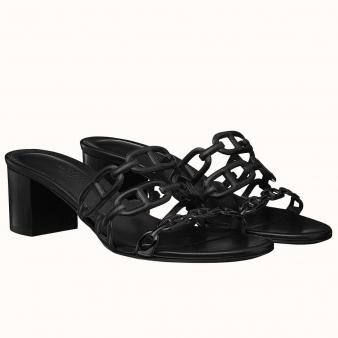 Hermes Black Lambskin Tandem Sandals