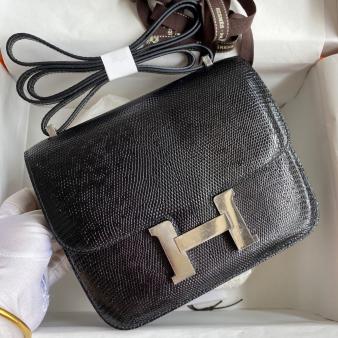 Hermes Black Lizard Leather Constance 18 Handmade Bag